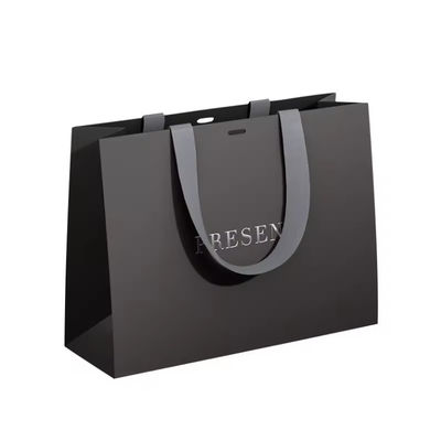 Luxury Ribbon Handle Boutique Shopping Packaging Black Paper Bags With Logo