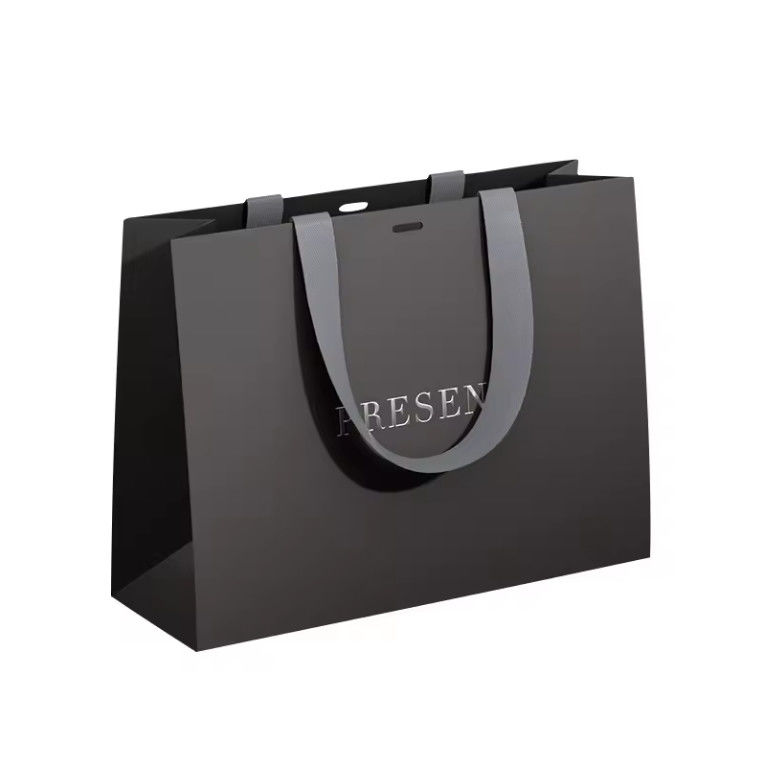 Luxury Ribbon Handle Boutique Shopping Packaging Black Paper Bags With Logo